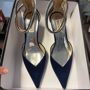 Badgley Mischka Navy Heels with Rhinestone Ankle Straps